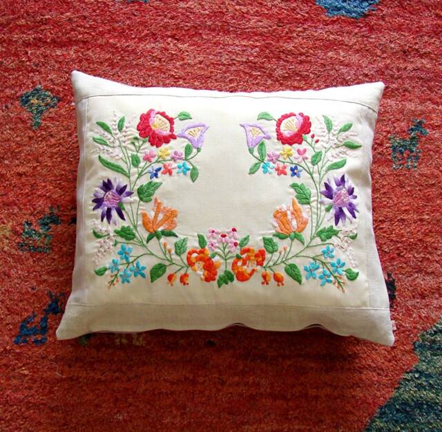 Kalocsa Embroidered Pillow Cover Hungarian Folk Art Floral Cushion - 18x15 Inch - image 1