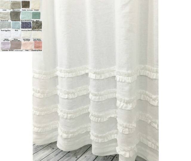 Linen Shower Curtain With 4 Rows Of Ruffles, 72x72, 72x85, 72x94, White, Grey, Cream, Pink, Blue, Stripe, Chevron, 40+ Color/Patterns - image 1