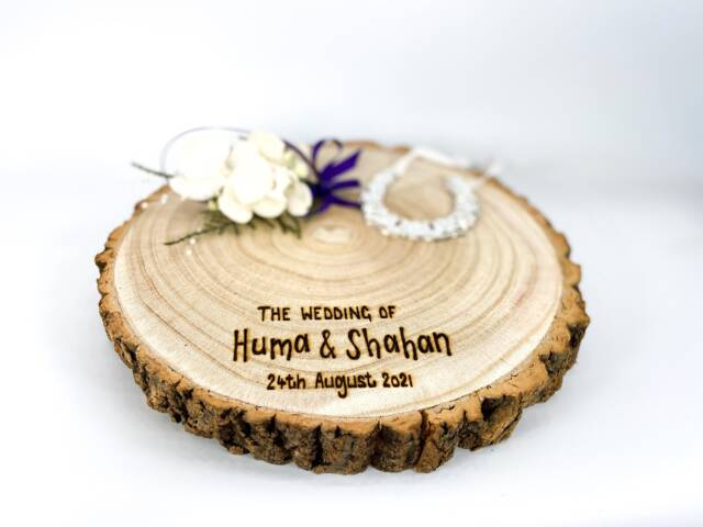 Nikkah Wedding Engagement Ring Plate - Personalised Large Rustic Wooden Log Slice Nikah Ceremony Celebration 3 Sizes Available - image 1