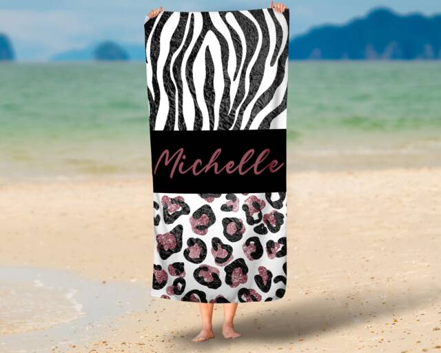 Personalised Beach Towel, Animal Print Name, Pool Custom Swim Holiday Girls Holiday, Hen Party - image 1