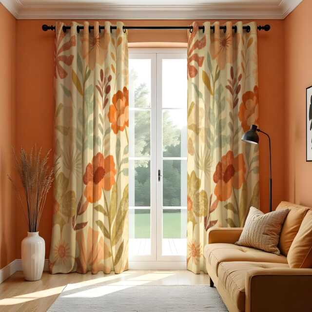 Orange Floral Curtains With Large Classic Flowers, Custom Botanical Drapes, Warm Earthy Window Panels For Living Room Or Bedroom - image 1