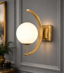 Modern Brass Globe Wall Sconce - Mid Century Frosted Glass Lamp Fixture , Vintage Lamp, Minimalist Bedroom & Hallway Lighting - thumbnail 1