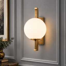 Modern Brass Globe Wall Sconce - Mid Century Frosted Glass Lamp Fixture , Vintage Lamp, Minimalist Bedroom & Hallway Lighting - thumbnail 3