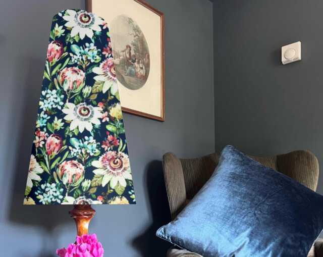 Floral Summer Garden Velvet Cone Lampshade, Extra Tall Lampshade Navy Midnight Velvet - image 1