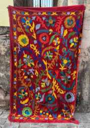 Velvet Suzani Throw - Maroon Machine Embroidery Boho Floral Blanket - thumbnail 1