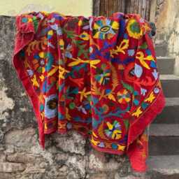 Velvet Suzani Throw - Maroon Machine Embroidery Boho Floral Blanket - thumbnail 2