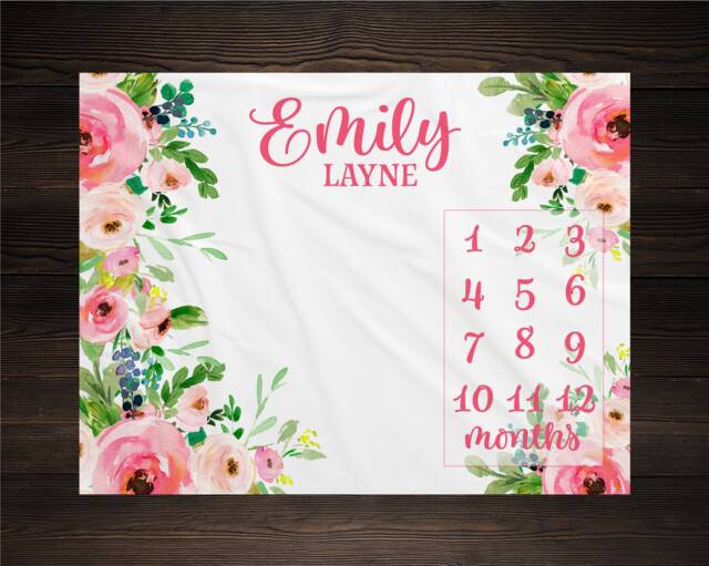 Girl Milestone Blanket Personalized Monthly Growth Tracker Custom Baby Shower Gift For New Mom Watercolor Floral Newborn Nursery - image 1