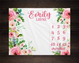 Girl Milestone Blanket Personalized Monthly Growth Tracker Custom Baby Shower Gift For New Mom Watercolor Floral Newborn Nursery - thumbnail 1