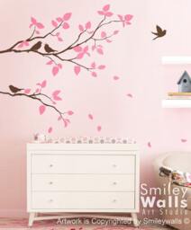 Branches Wall Decal, Two Spring & Birds Kids Nursery Vinyl Decal Sticker Room Decor Branch For - thumbnail 1