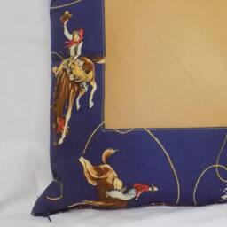 Blue Cotton Cowboy Print & Tan Leather Pillow - thumbnail 2
