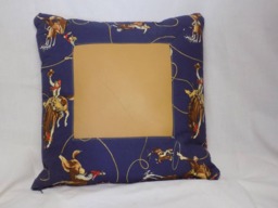 Blue Cotton Cowboy Print & Tan Leather Pillow - thumbnail 1