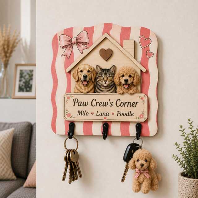 Custom Pet Key Holder For Wall, Dog & Cat House Hanger, Pink Striped Name Sign, Personalized Mom Gift, Paw Crew Rack - image 1