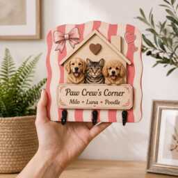 Custom Pet Key Holder For Wall, Dog & Cat House Hanger, Pink Striped Name Sign, Personalized Mom Gift, Paw Crew Rack - thumbnail 2