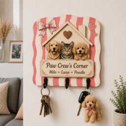 Custom Pet Key Holder For Wall, Dog & Cat House Hanger, Pink Striped Name Sign, Personalized Mom Gift, Paw Crew Rack