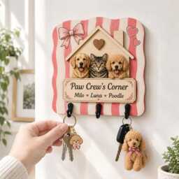 Custom Pet Key Holder For Wall, Dog & Cat House Hanger, Pink Striped Name Sign, Personalized Mom Gift, Paw Crew Rack - thumbnail 3