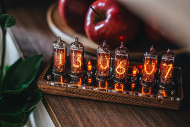 In-14 Nixie Clock in Slim Perforated Wooden Case With Clear Plastic Top Cover - image 1