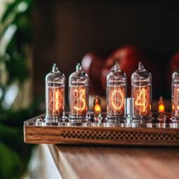 In-14 Nixie Clock in Slim Perforated Wooden Case With Clear Plastic Top Cover - thumbnail 2