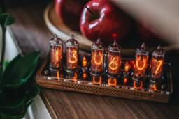 In-14 Nixie Clock in Slim Perforated Wooden Case With Clear Plastic Top Cover