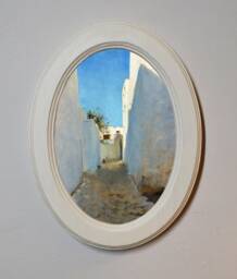 Handmade Moroccan Street Scene Art Print, Ivory Oval Wood Frame - thumbnail 1