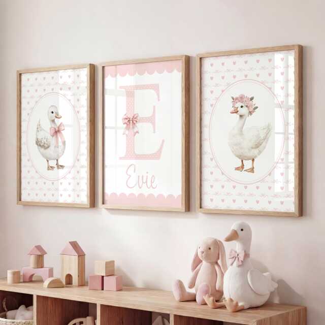 Girls Wall Art Pink, Goose Nursery Prints, Bows & Hearts - Set Of 3 - image 1