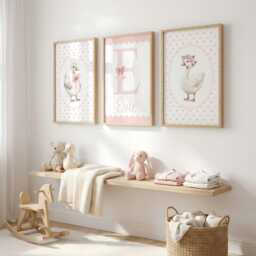 Girls Wall Art Pink, Goose Nursery Prints, Bows & Hearts - Set Of 3 - thumbnail 2