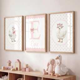 Girls Wall Art Pink, Goose Nursery Prints, Bows & Hearts - Set Of 3