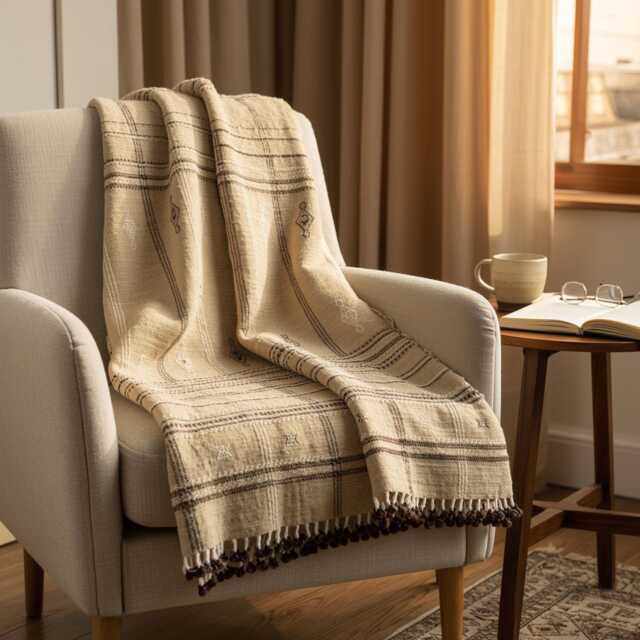 Tan Beige Indian Wool Throw Blanket, Handwoven Plaid Sofa Coverlet & Bed Runner - Tanishq - image 1