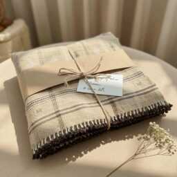 Tan Beige Indian Wool Throw Blanket, Handwoven Plaid Sofa Coverlet & Bed Runner - Tanishq - thumbnail 4