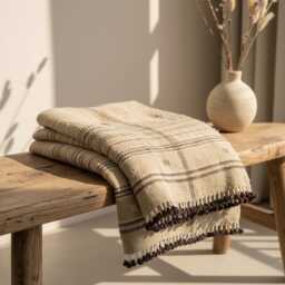 Tan Plaid Indian Wool Throw Blanket, Handwoven Couch Coverlet With Farmhouse Bed Accent - Tanishq