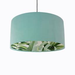 Light Mint Velvet Drum Lampshade With Lush Green Leaves Lining, Large Pale Turquoise Tropical Lightshade