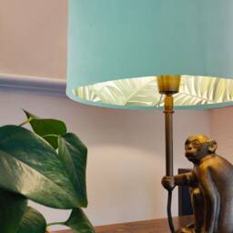 Light Mint Velvet Drum Lampshade With Lush Green Leaves Lining, Large Pale Turquoise Tropical Lightshade - thumbnail 2