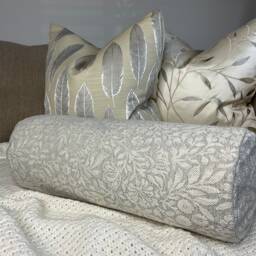 "Grey Floral Pillow Hidcote Bolster Cushion - 16""x6"