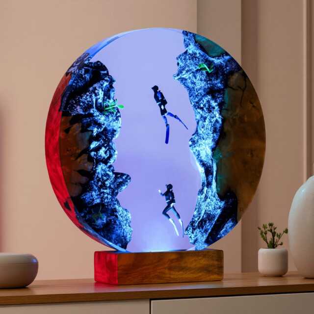 Handmade Ocean Resin Night Light, Epoxy Round Rgb Dimmable Lamp, Bedroom Art Decor - image 1