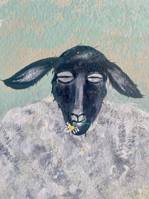 Hand-Painted Sheep Canvas Boho Floorcloth Or Wall Art, Lamb Lover Kitchen Oil Cloth, Daisy Art - image 1