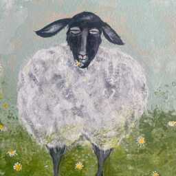 Hand-Painted Sheep Canvas Boho Floorcloth Or Wall Art, Lamb Lover Kitchen Oil Cloth, Daisy Art - thumbnail 3