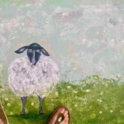 Hand-Painted Sheep Canvas Boho Floorcloth Or Wall Art, Lamb Lover Kitchen Oil Cloth, Daisy Art - thumbnail 2