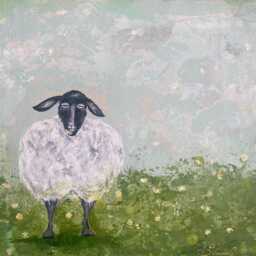 Hand-Painted Sheep Canvas Boho Floorcloth Or Wall Art, Lamb Lover Kitchen Oil Cloth, Daisy Art - thumbnail 4