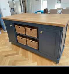 The Bath Bespoke Kitchen Island Breakfast Bar, Farrow & Ball Finish, Oak Top, Cupboards