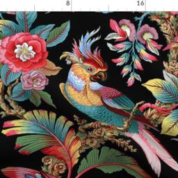 Parrot Curtain Panel - Tropical Exotic Bird Botanical Floral Custom Edwardian Bright Black By Peacoquettedesigns - thumbnail 4