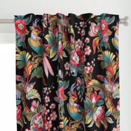 Parrot Curtain Panel - Tropical Exotic Bird Botanical Floral Custom Edwardian Bright Black By Peacoquettedesigns - thumbnail 1
