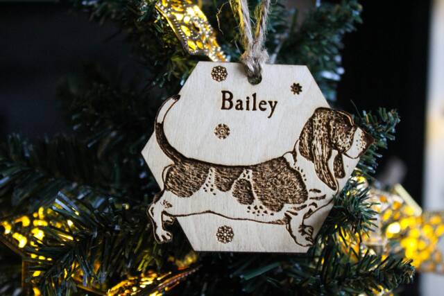 Personalized Basset Hound Wooden Ornament Laser Burned Dog Breed Bauble - image 1