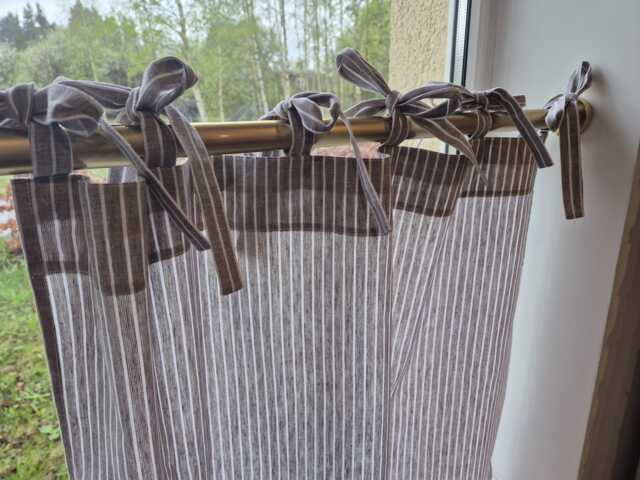 Brown Stripes Tie Top Curtains, Semi Sheer Checkered For Bathroom, Hanging Small Window, Brown Shelf Skirt, Windows Curtains Swags - image 1