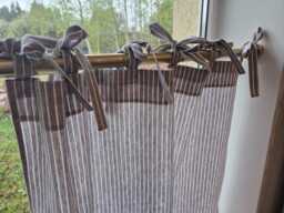 Brown Stripes Tie Top Curtains, Semi Sheer Checkered For Bathroom, Hanging Small Window, Brown Shelf Skirt, Windows Curtains Swags