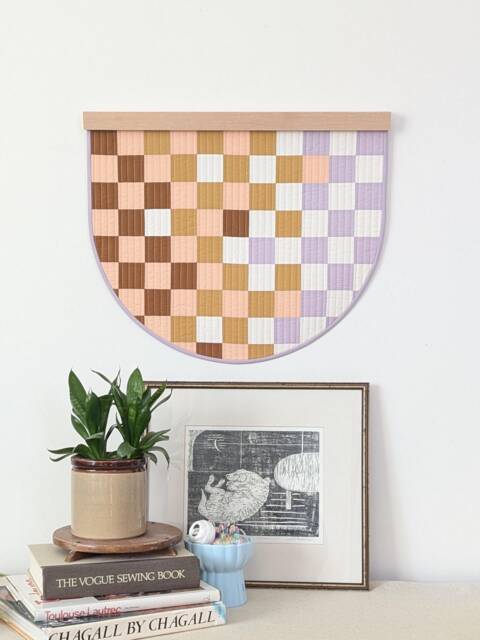 Checkerboard Quilted Wall Hanging Colorful Semicircle With Reclaimed Wood Hanger - image 1