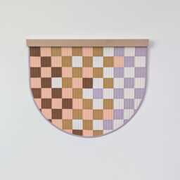 Checkerboard Quilted Wall Hanging Colorful Semicircle With Reclaimed Wood Hanger - thumbnail 2