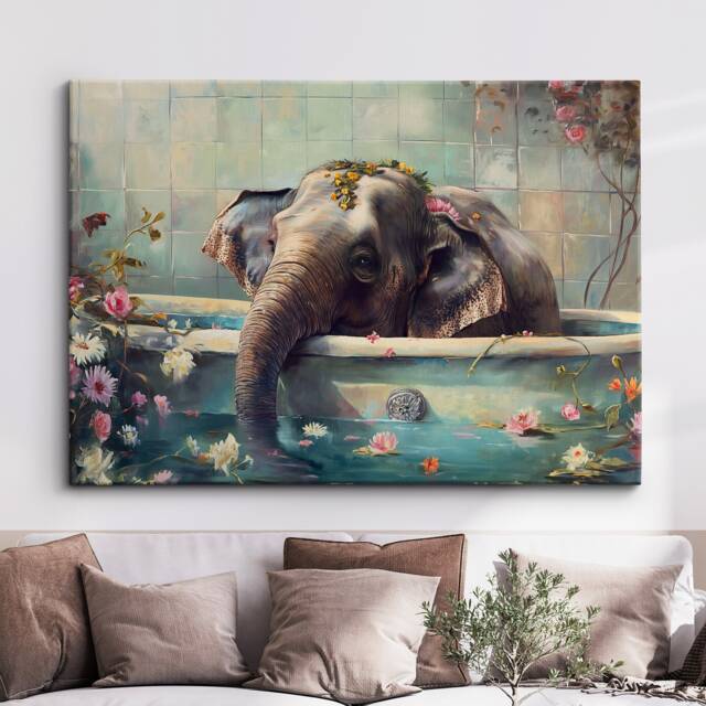 Elephant Bath Tub Animal Bathroom Oil Painting Framed Poster Print Or Canvas Wall Decor Art Home Interior Gift For Lover - image 1