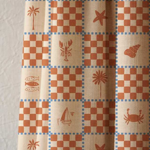 Coastal Linen Curtain Panel, Terracotta Checkered Nautical Print - image 1