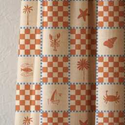 Coastal Linen Curtain Panel, Terracotta Checkered Nautical Print - thumbnail 1