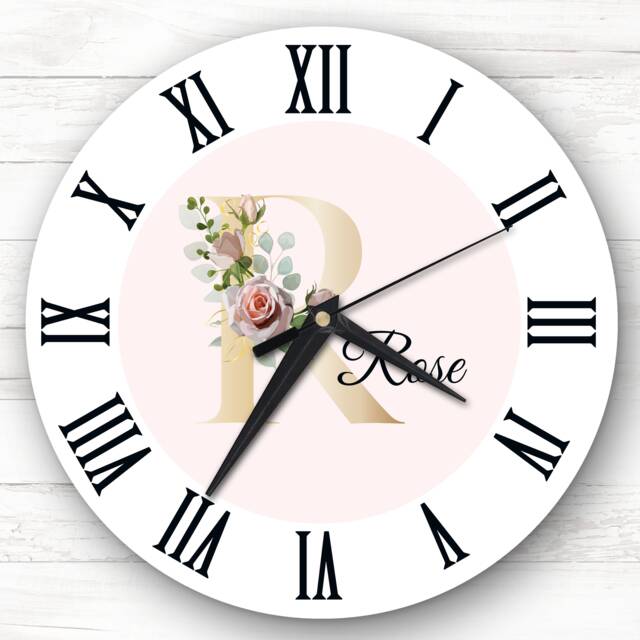 Floral Alphabet Name Initial Letter R Personalised Gift Clock - image 1