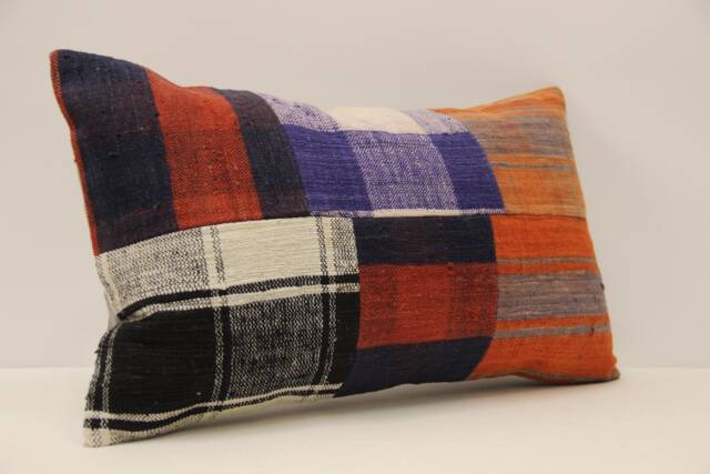 Vintage Turkish Kilim Lumbar Pillow Cover, Boho Patchwork Cushion - 12x20 In - image 1